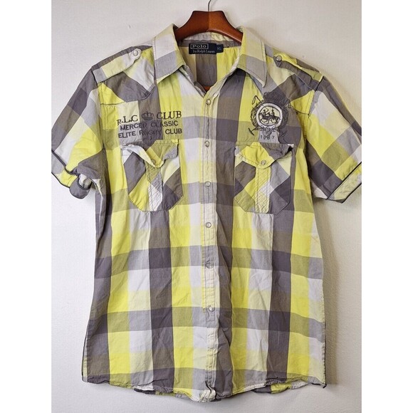 Polo Ralph Lauren Plaid Pearl Snap Button Up Shirt Rugby Mercer Club Fits Medium - Picture 1 of 11